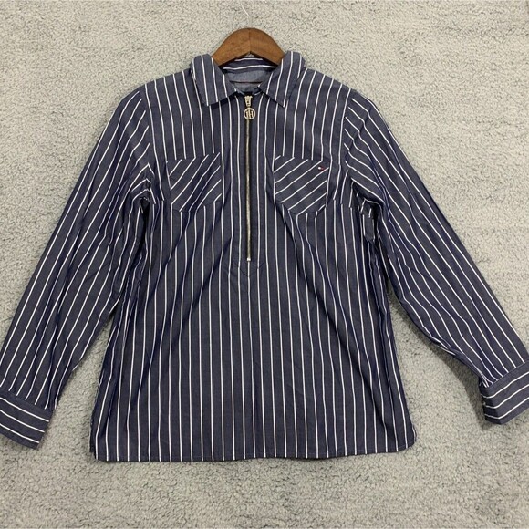 Tommy Hilfiger PM Blue & White Striped Deep V-Neck Half-Zip Long Sleeve Shirt - Picture 2 of 15